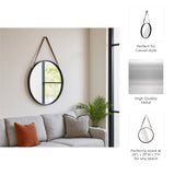 Mirror - Black Metal Round Hanging Leather Strap, 28 in.