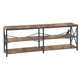 TARYN Extra Long Console Table with Outlet 3 Tier Industrial TV Stand Media Console Rustic Brown Top Black Steel Frame
