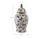 Decorative Temple Jar - White Ceramic Butterflies, 18 in.