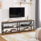 TARYN Extra Long Console Table with Outlet 3 Tier Industrial TV Stand Media Console Rustic Brown Top Black Steel Frame