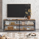 TARYN Extra Long Console Table with Outlet 3 Tier Industrial TV Stand Media Console Rustic Brown Top Black Steel Frame