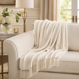 Ivory Herringbone Fringed 50x60 Inch Throw Blanket