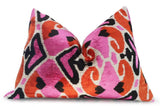 Handmade Velvet Pillow 16x24 Pink Orange Ikat Design