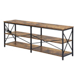 TARYN Extra Long Console Table with Outlet 3 Tier Industrial TV Stand Media Console Rustic Brown Top Black Steel Frame
