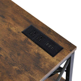 TARYN Extra Long Console Table with Outlet 3 Tier Industrial TV Stand Media Console Rustic Brown Top Black Steel Frame