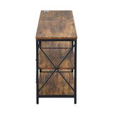 TARYN Extra Long Console Table with Outlet 3 Tier Industrial TV Stand Media Console Rustic Brown Top Black Steel Frame