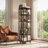 5 Tiers Rotating Bookshelf, Corner Bookcase, 360 Display Wood Spinning Bookshelves, Floor Standing Bookcase Narrow Shelf, Rustic Brown