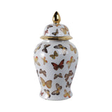 Decorative Temple Jar - White Ceramic Butterflies, 18 in.