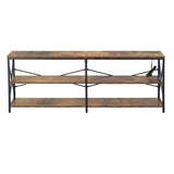 TARYN Extra Long Console Table with Outlet 3 Tier Industrial TV Stand Media Console Rustic Brown Top Black Steel Frame