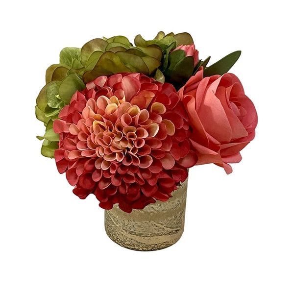 Gold Glass Vase Small - Artificial Pink Dahlia, Rose & Hydrangea Green