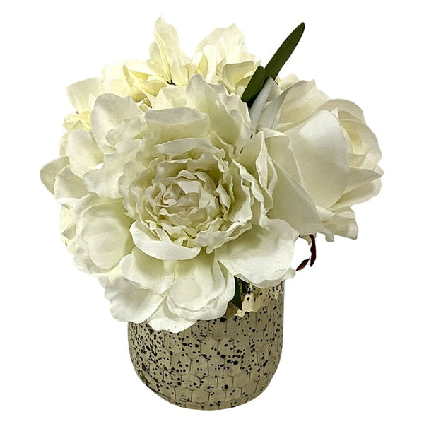 Round Glass Vase Hammered Small - Artificial Peony, Rose & Hydrangea White