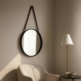 Mirror - Black Metal Round Hanging Leather Strap, 28 in.