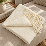 Ivory Classic Woven Fringed Throw Blanket