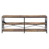 TARYN Extra Long Console Table with Outlet 3 Tier Industrial TV Stand Media Console Rustic Brown Top Black Steel Frame