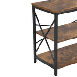 TARYN Extra Long Console Table with Outlet 3 Tier Industrial TV Stand Media Console Rustic Brown Top Black Steel Frame