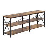 TARYN Extra Long Console Table with Outlet 3 Tier Industrial TV Stand Media Console Rustic Brown Top Black Steel Frame