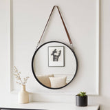 Mirror - Black Metal Round Hanging Leather Strap, 28 in.