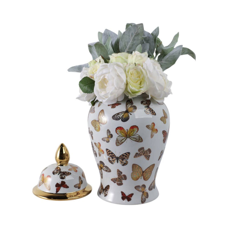 Ceramic Elegant Butterfly Lidded Jar - White/Gold, 18x9 in.