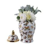 Decorative Temple Jar - White Ceramic Butterflies, 18 in.