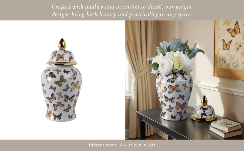 Ceramic Elegant Butterfly Lidded Jar - White/Gold, 18x9 in.