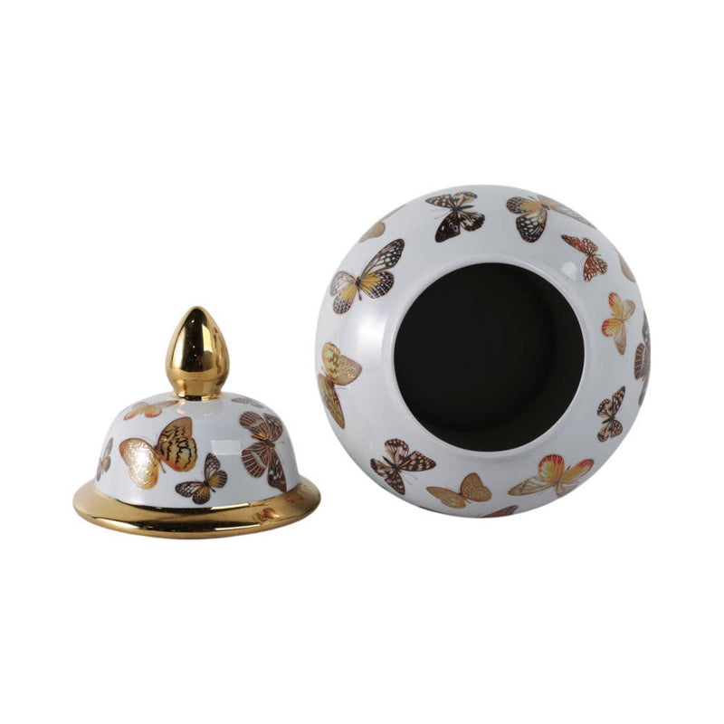 Ceramic Elegant Butterfly Lidded Jar - White/Gold, 18x9 in.
