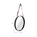 Mirror - Black Metal Round Hanging Leather Strap, 28 in.