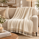 Ivory Classic Woven Fringed Throw Blanket