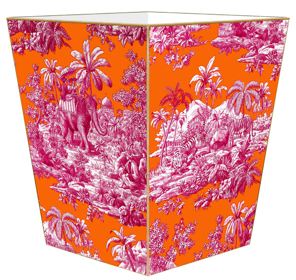Elephant Orange & Pink  Toile Wastepaper Basket: Wood Flat Top