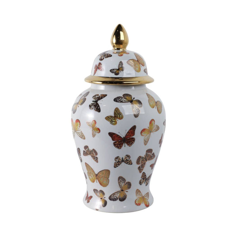 Ceramic Elegant Butterfly Lidded Jar - White/Gold, 18x9 in.
