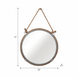 Wall Mirror - Silver Metal Glass Round Rope Hanger, 24x31 in