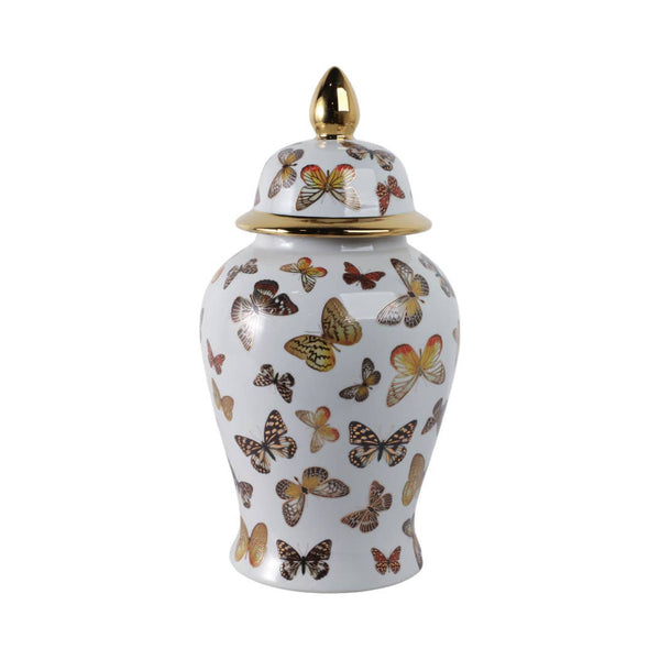 Ceramic Elegant Butterfly Lidded Jar - White/Gold, 18x9 in.