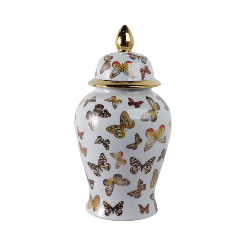 Ceramic Elegant Butterfly Lidded Jar - White/Gold, 18x9 in.