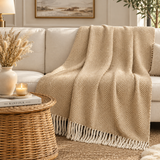 Camel Herringbone Fringed 50x60 Inch Throw Blanket