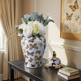 Decorative Temple Jar - White Ceramic Butterflies, 18 in.
