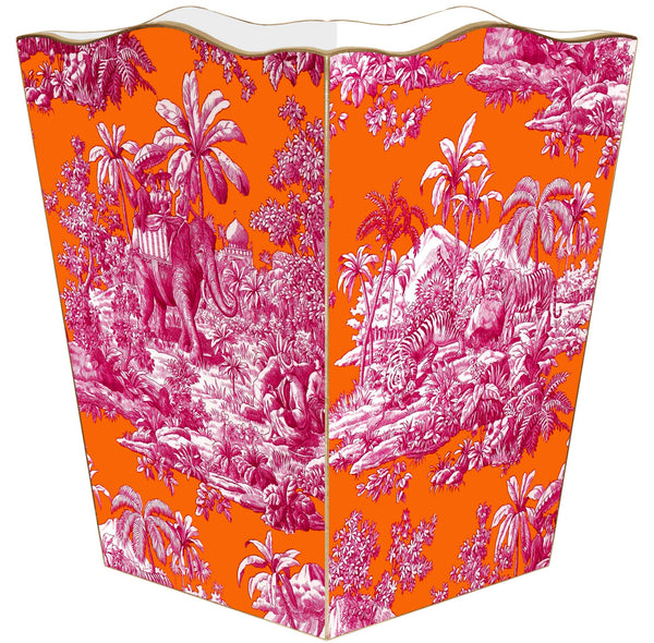 Elephant Orange & Pink  Toile Wastepaper Basket: Wood Flat Top