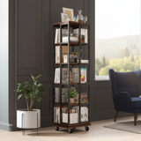 5 Tiers Rotating Bookshelf, Corner Bookcase, 360 Display Wood Spinning Bookshelves, Floor Standing Bookcase Narrow Shelf, Rustic Brown