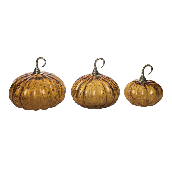 Amber Harvest Crackle Glass Pumpkins, Set 3