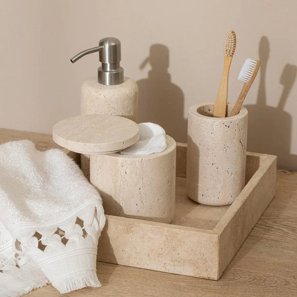 Vanity Accessories Set, Travertine Bathroom Set, 5-piece: Soap Dispenser 8oz