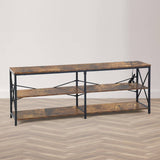 TARYN Extra Long Console Table with Outlet 3 Tier Industrial TV Stand Media Console Rustic Brown Top Black Steel Frame