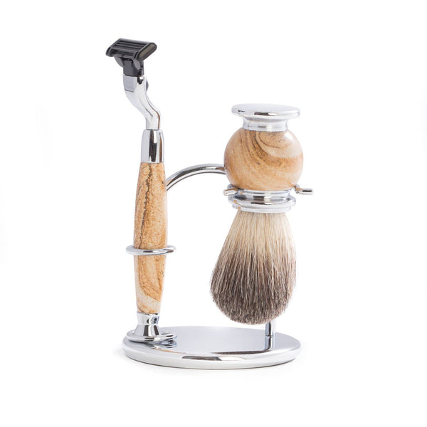 "Mach 3" Razor & Pure Badger Brush on Chrome: Tan Stone