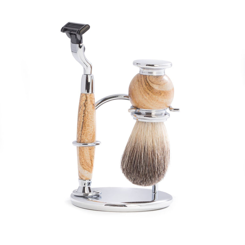 "Mach 3" Razor & Pure Badger Brush on Chrome: Tan Stone