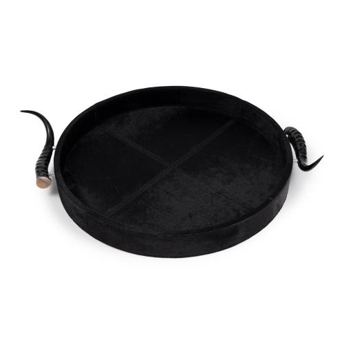 Black Cow Hide Round Tray - Springbok Horn Handles