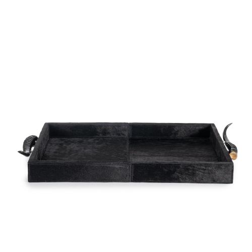 Black Cow Hide Rectangle Tray - Springbok Horn Handles